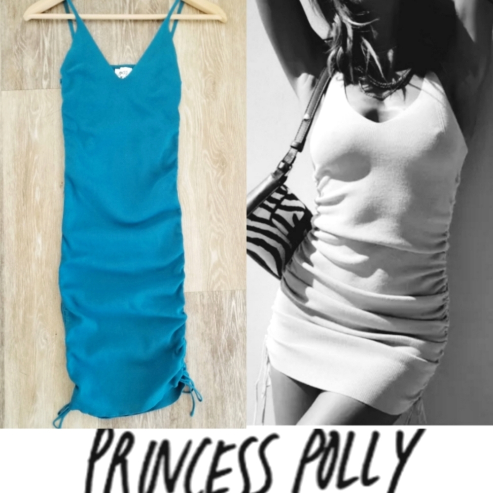 Princess Polly Bridie Mini Dress Sleeveless Side Ruching V-Neck Teal Stretch EUC